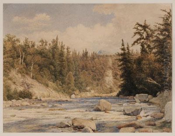 River With Figureamong The Rocks Oil Painting by John William Hill