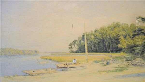 Estuary/shoreline With Figures And Boats Oil Painting by John William Hill