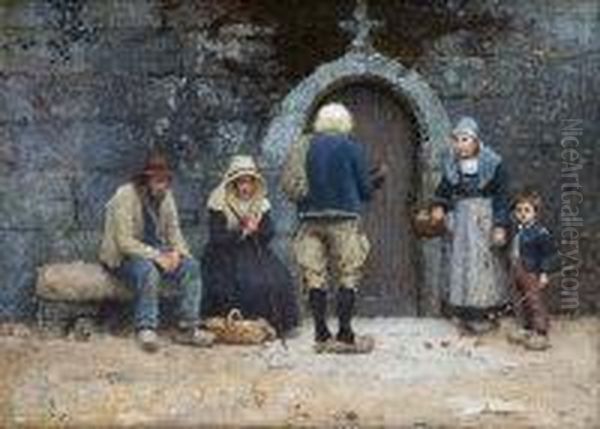 Breton Peasants At A Convent Door (1884) Oil Painting by Nathaniel Hill