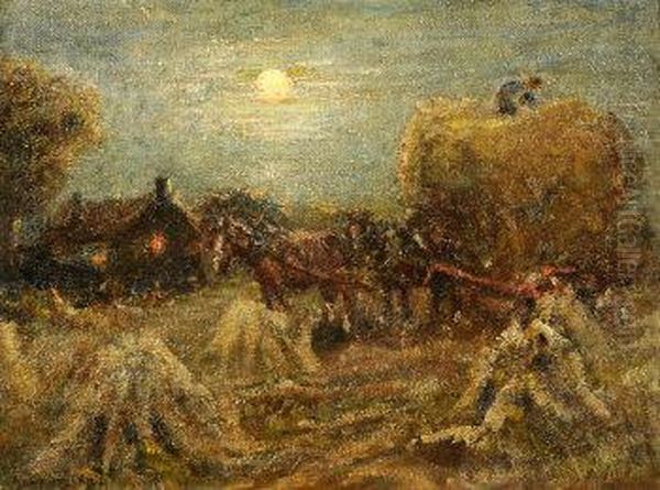 Loading The Hay-wagon By Moonlight Oil Painting by Rowland Henry Hill