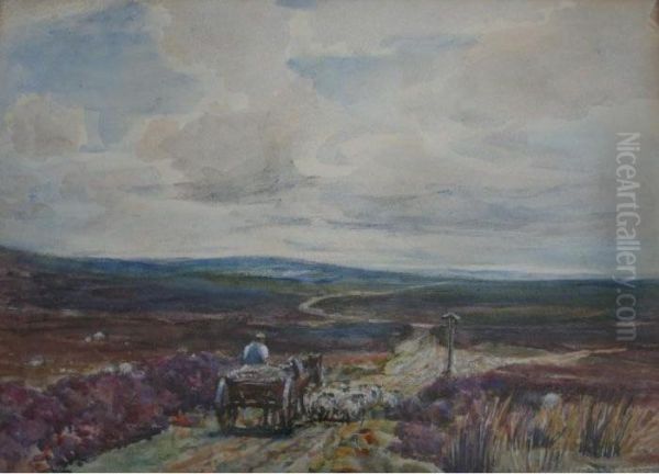 Droving Sheep On The Yorkshire Moors Oil Painting by Rowland Henry Hill