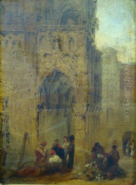 Figures Gathered Beneath The Cloisters Of A Church Oil Painting by Samuel Prout