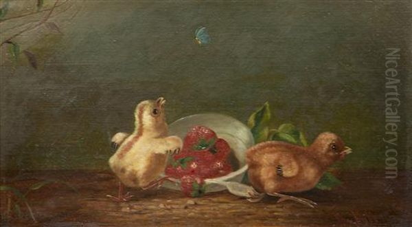 Two Chicks, Butterfly And A Bowl Of Strawberries Oil Painting by Thomas Hill