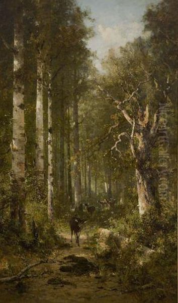 Deer Walking On Wooded Path Oil Painting by Thomas Hill