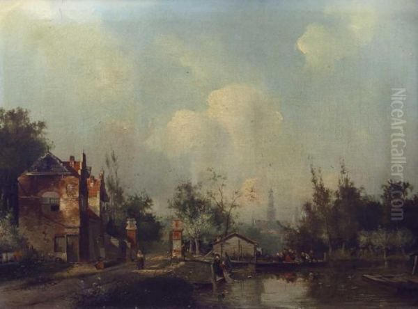 Hollandische Dorfstrase Am Kleinen Kanal, Mit Personenstaffage Oil Painting by Adrianus David Hilleveld