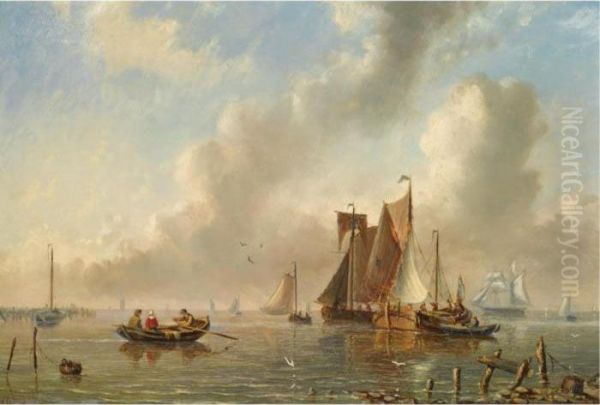 Sailing Vessels In An Estuary Oil Painting by Adrianus David Hilleveld