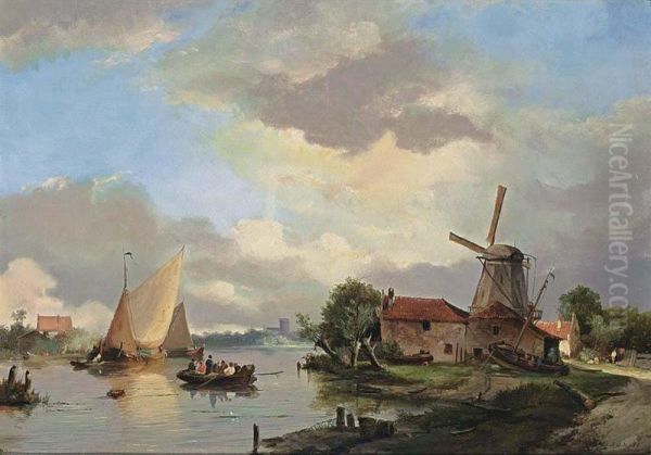 A Summer Landscape With Ships In A Waterway Oil Painting by Adrianus David Hilleveld