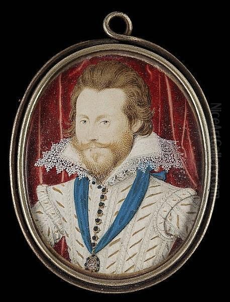 Henry Wriothesely, 3rd Earl Of Southampton (1573-1624), Wearing White Doublet Slashed And Pinked To Reveal Gold, Gold-edged Jewelled Buttons, Starched Lace-edged High Ruff, Blue Sash And Order Of The Lesser George Suspended From His Neck, Crimson Curt Oil Painting by Nicholas Hilliard