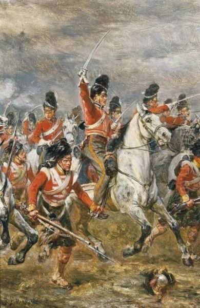 The Charge Of The Royal Scots Greys At Waterloo, Supported By A Highland Regiment Oil Painting by Robert Alexander Hillingford