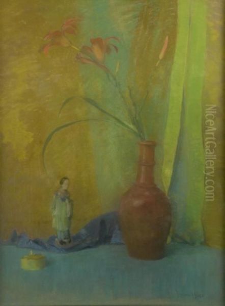 Lilies In A Vase With Figurine Oil Painting by Laura Coombs Hills