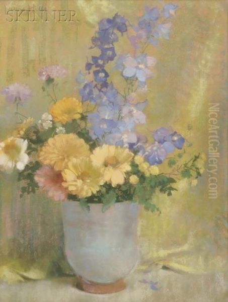 Yellow Zinnias And Larkspur Oil Painting by Laura Coombs Hills