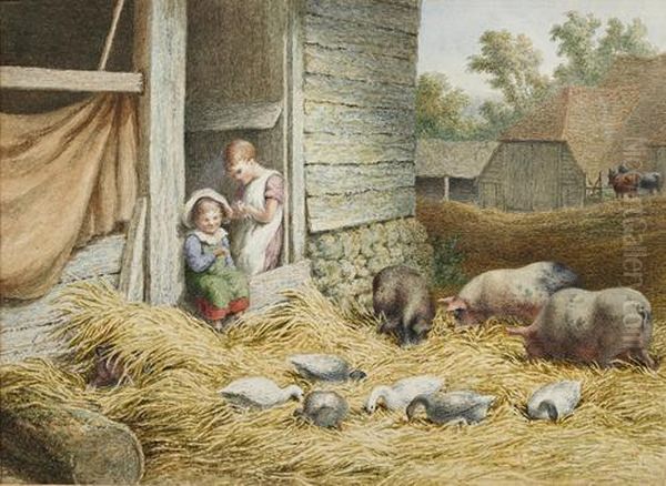 Farmyard Scene With Pigs And Ducks And Children Looking On Oil Painting by Robert Hills