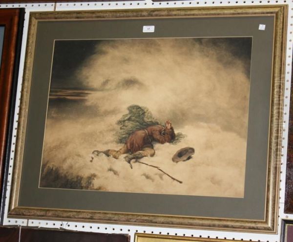 Winter Landscape With An Exhausted Figure Falling On Snow-covered Ground Oil Painting by Robert Hills