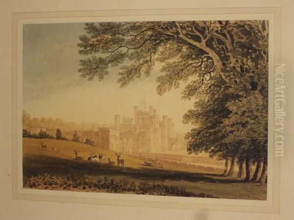 Deer Grazing Before A Castle, Possibly Balmoral Castle, Aberdeenshire Oil Painting by Robert Hills