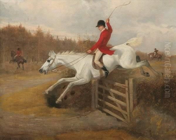 Hunting On Horseback Over The Gate Oil Painting by J.W. Hillyard