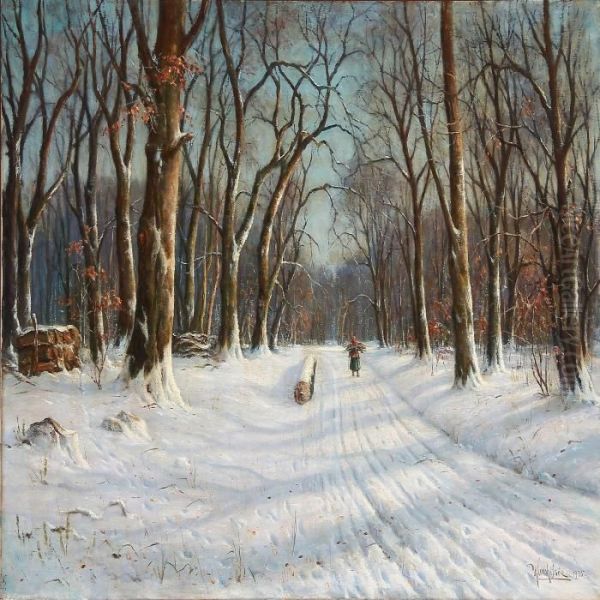 Snowy Forest Road With A Woman Carrying Firewood Oil Painting by Hans Hilsoe