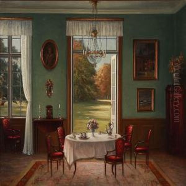 Interior From A Drawing Room With Open Doors To A Park Oil Painting by Hans Hilsoe