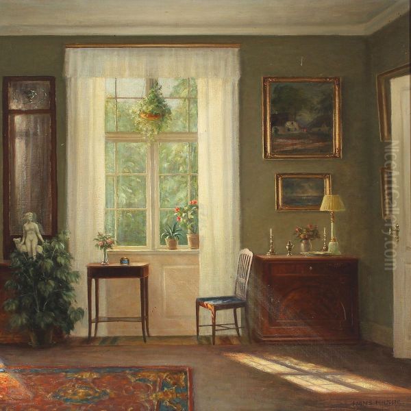 Interior With Sunlight Through A Window Oil Painting by Hans Hilsoe