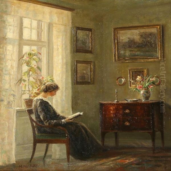 Drawing Room Interior With A Reading Lady At The Window Oil Painting by Hans Hilsoe