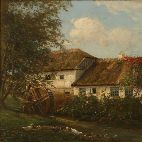 Summer Idyll With Ducks Near A Watermill Oil Painting by Hans Hilsoe