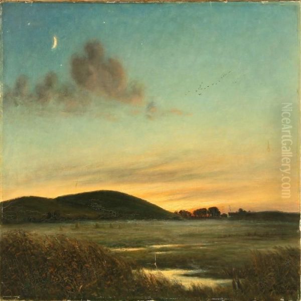 Moonlight Above A Hilly Landscape Oil Painting by Hans Hilsoe