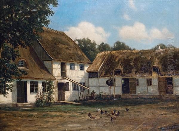 Farmyard Scene Oil Painting by Hans Hilsoe