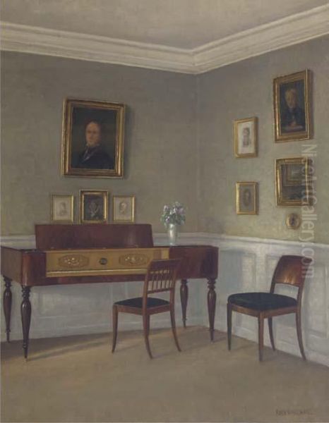 A Music Room Oil Painting by Hans Hilsoe