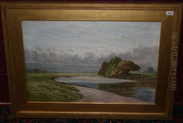 Extensive River View Withsheep Grazing And Hills Beyond Oil Painting by Henry Hilton