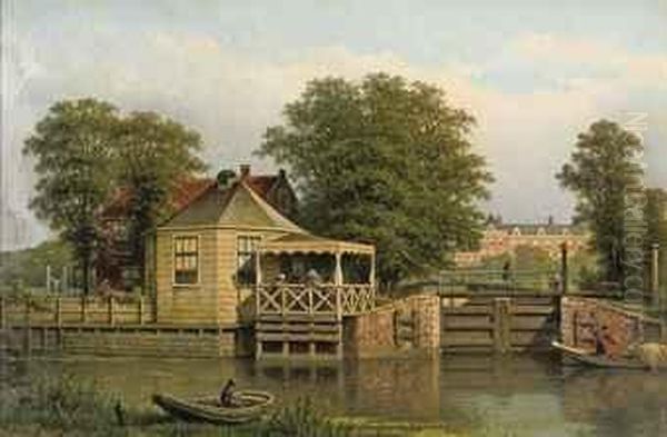 Daily Activities Near A Lock On A Summer Day Oil Painting by Eduard Alexander Hilverdink