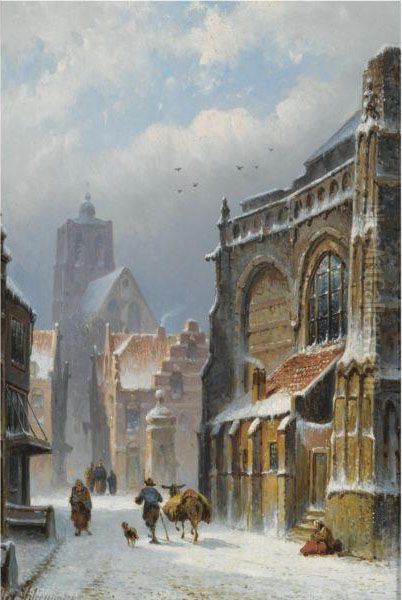 A Snow Covered Street In Zaltbommel, The Grote Kerk In Thebackground Oil Painting by Eduard Alexander Hilverdink