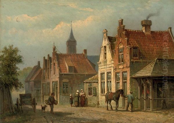 Daily Activities In A Sunlit Street Oil Painting by Eduard Alexander Hilverdink