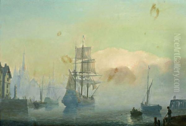 Schepen Aan De Kade Bij Franse Stad Oil Painting by Eduard Alexander Hilverdink