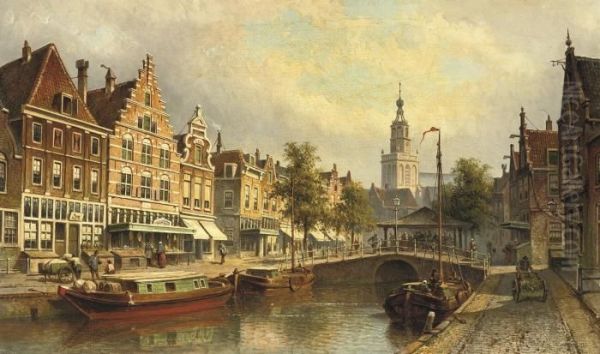 The Fishmarket With The St. Janskerk Beyond, Gouda Oil Painting by Eduard Alexander Hilverdink