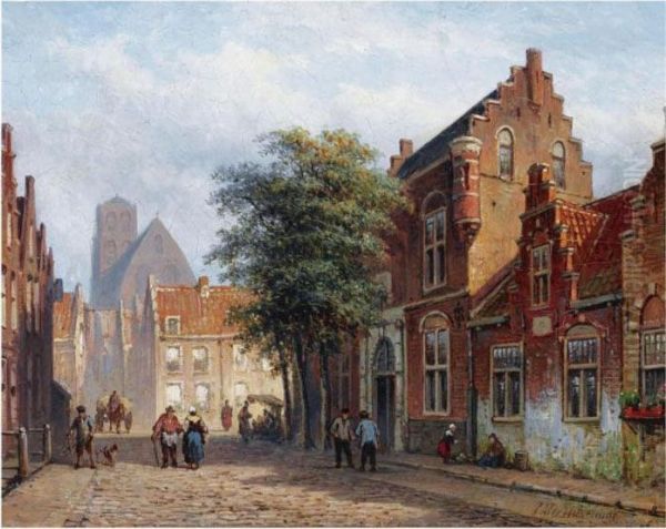 A Sunny Street In A Dutch Town Oil Painting by Eduard Alexander Hilverdink