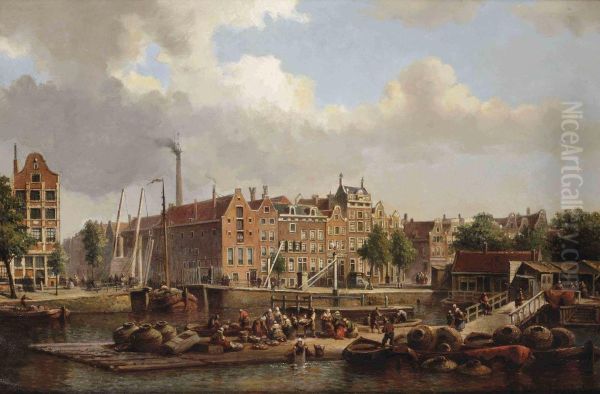 Numerous Figures On A Quay Near The Geldersekade, Amsterdam Oil Painting by Johann Jakob Anton Hilverdink