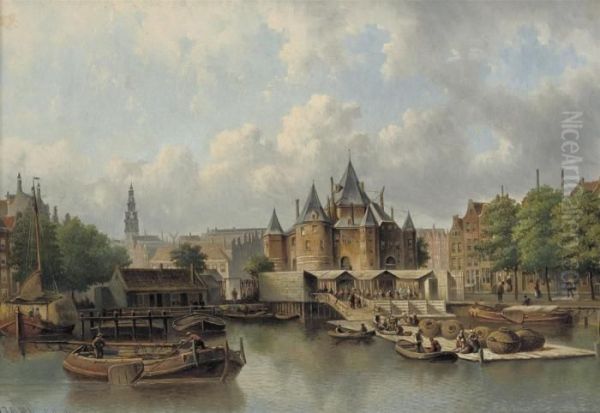 The Nieuwmarkt With The Waag, Amsterdam Oil Painting by Johann Jakob Anton Hilverdink