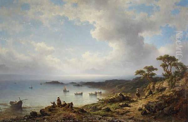 A Mediterranean Coastal Scene With Fishing Boats In A Bay And Figures Resting In The Foreground Oil Painting by Johannes Hilverdink