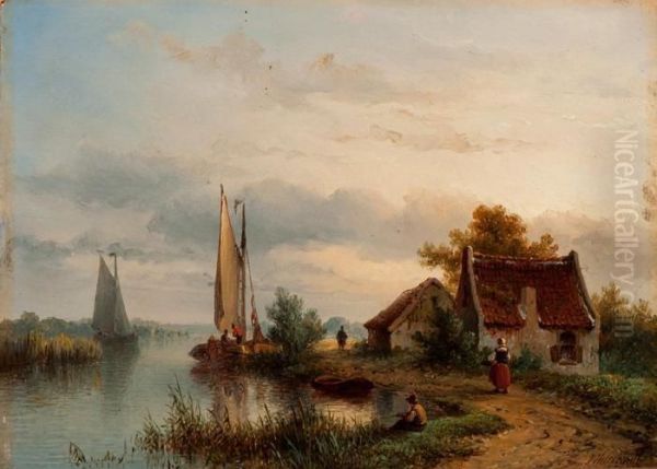 Activity Along The River Oil Painting by Johannes Hilverdink