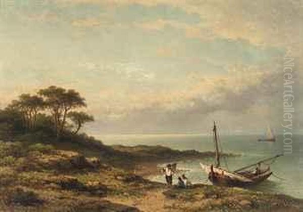 A Moored Fishing Boat Oil Painting by Johannes Hilverdink