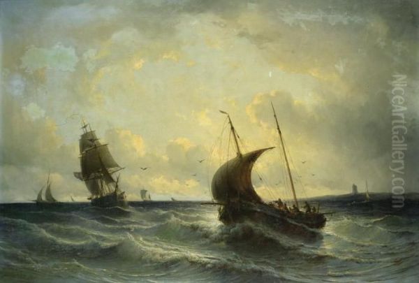 Segelschiffe Auf Bewegter See Oil Painting by Johannes Hilverdink