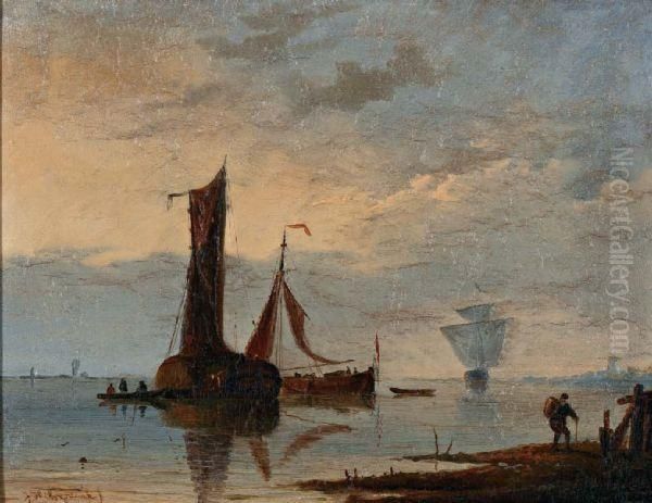 Schepen Voor Anker Op Kalm Water Oil Painting by Johannes Hilverdink