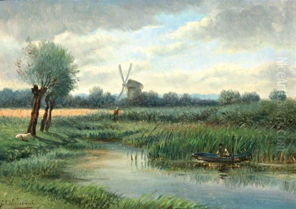 Molen In Polderlandschap Oil Painting by Johannes Hilverdink