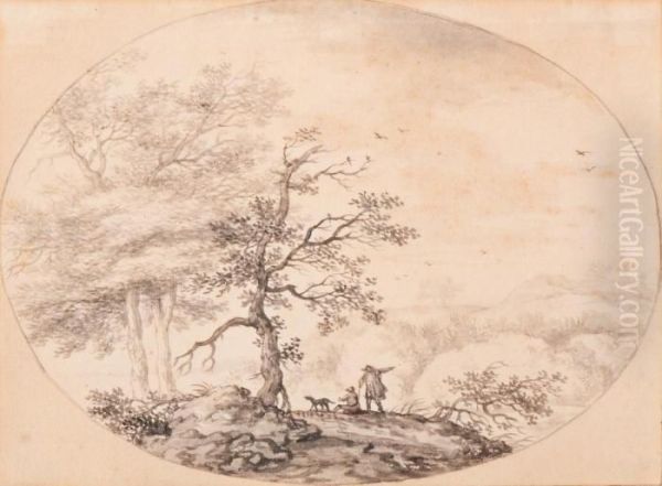 Two Resting Vagabonds And Their Dog In A Landscape Oil Painting by Aernout Ter Himpel