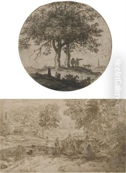 Two Figures With A Dog Beside Two Trees Oil Painting by Aernout Ter Himpel