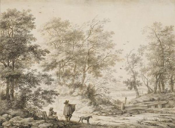 A Wooded Landscape With Two Men And A Dog Near A Road Oil Painting by Aernout Ter Himpel