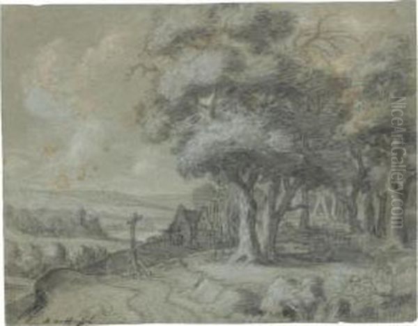 Panoramic Landsape With A House By Woods To The Right, A Cross And Distant Village To The Left Oil Painting by Aernout Ter Himpel