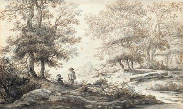 Wooded Landscape With Two Figures Resting By A Stream Oil Painting by Aernout Ter Himpel