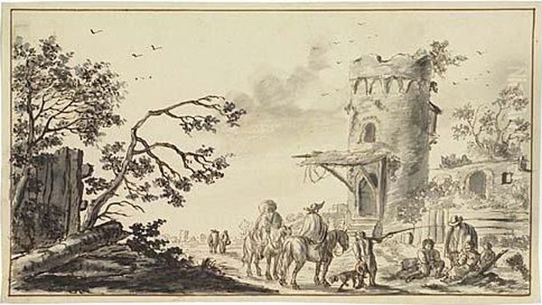 Landscape With Figures Resting Near A Tower Oil Painting by Aernout Ter Himpel