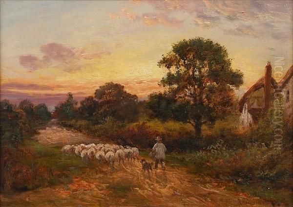 A Shepherd And His Flock On A Lane At Sunset Oil Painting by Richard George Hinchcliffe