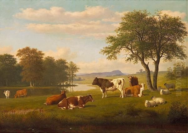 Cows And Sheep By A Stream Oil Painting by Thomas Hewes Hinckley